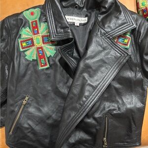 Lauren Blake Black Leather Jacket with Colorful Embroidery
